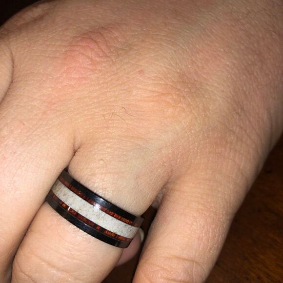 Men's Real Black Tungsten Promise Ring Deer Bone and Whiskey Barrel Wood Inlays - Picture 8 of 9